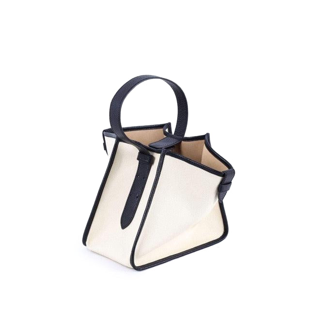 KOJII - Square Large Tote Bag in Leather & Canvas _ Black & White